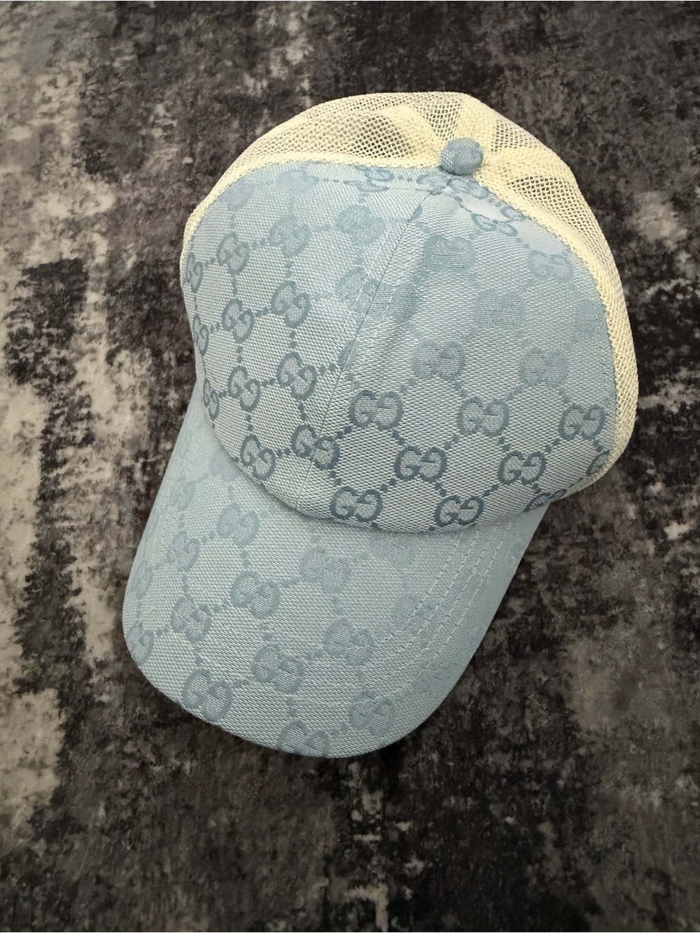 Gucci Light Blue Monogram Mesh Trucker Cap